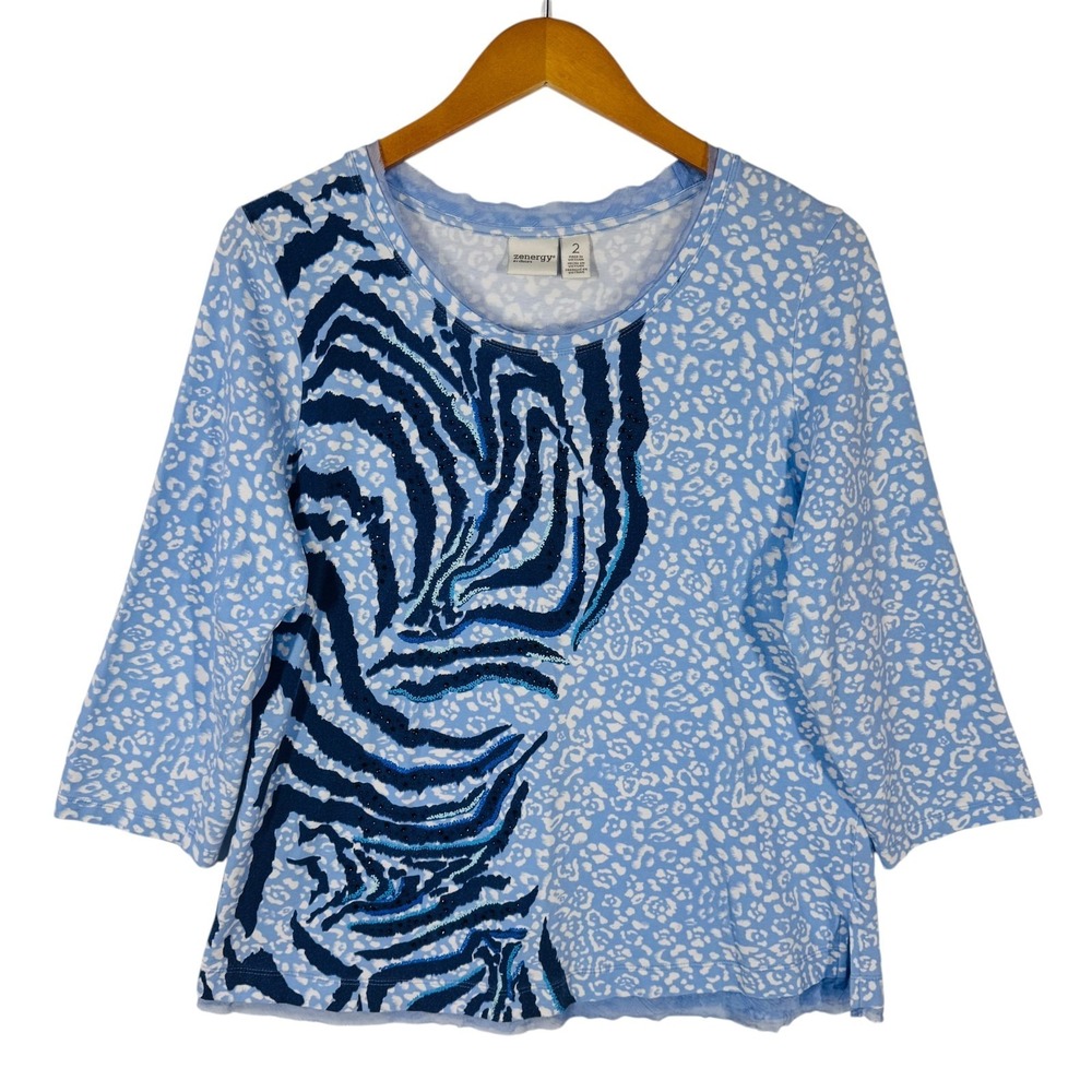 Chico's Zenergy Top Women's Size 2 Blue Animal Print Zebra Knit Tunic Large